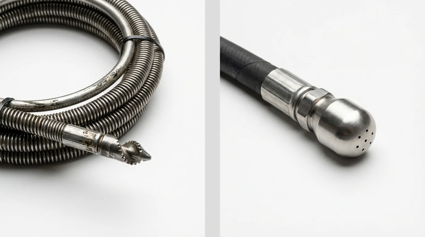 Drain snake cable and hydro jetting nozzle used for drain cleaning in Livonia, MI
