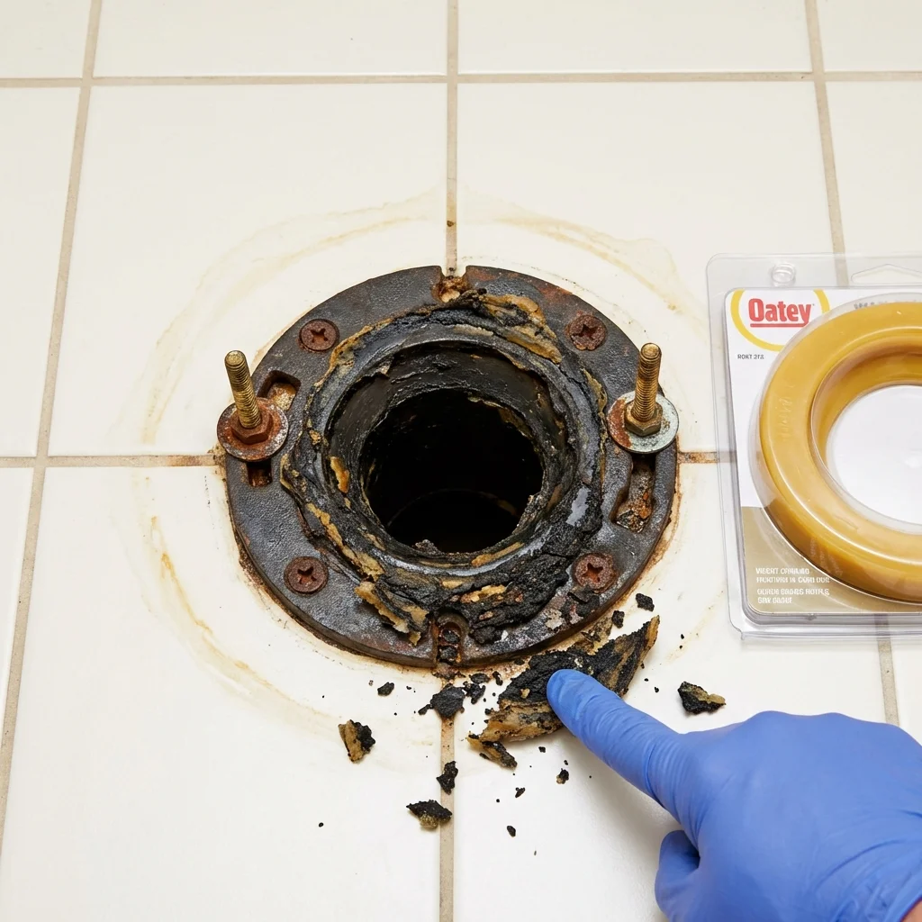 Failed wax ring showing water seepage at the base of a toilet in a Livonia, MI home
