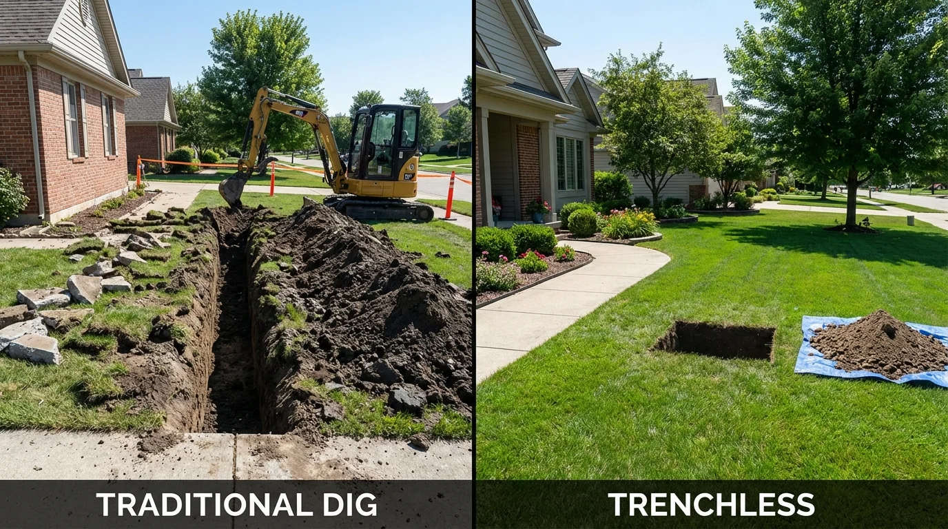 Trenchless sewer repair with minimal yard damage versus traditional excavation in Livonia, MI